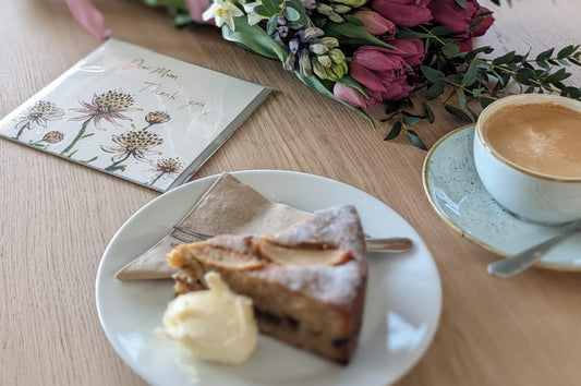 Pod & Pip's beautiful Mother's day bouquet, accompanied by a mother's day card and coffee and cake from the Pod & Pip cafe