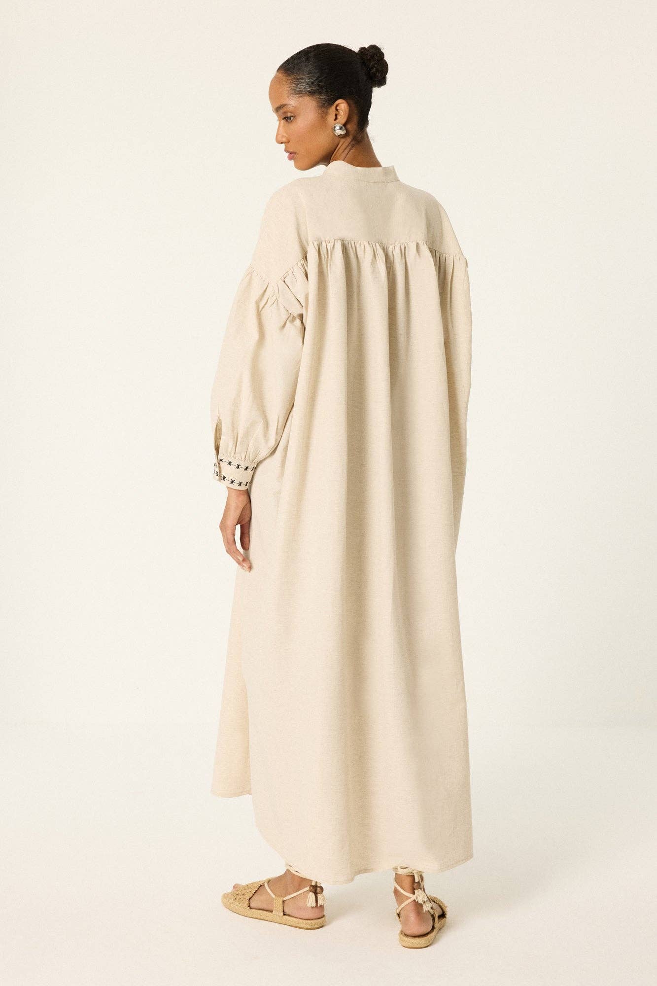 Embroidered Linen Blend Balloon Sleeve Maxi Dress: