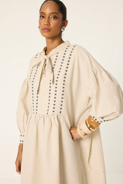Embroidered Linen Blend Balloon Sleeve Maxi Dress: