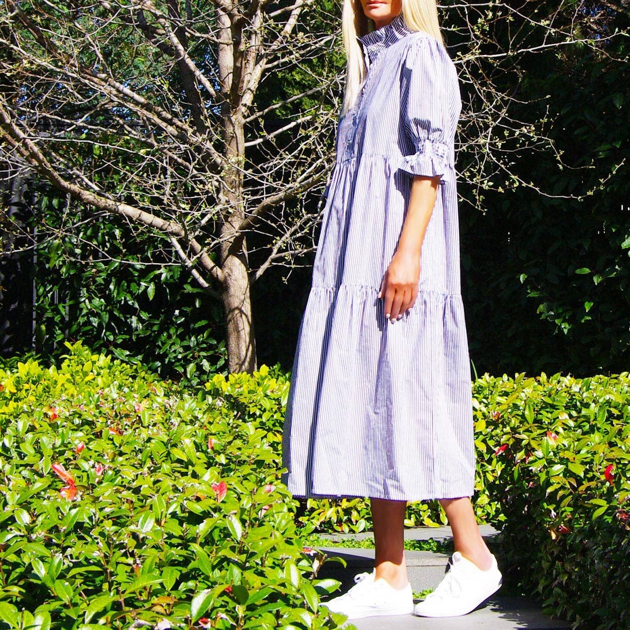 Lottie Dark Navy Stripe Cotton Poplin Dress
