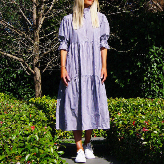 Lottie Dark Navy Stripe Cotton Poplin Dress