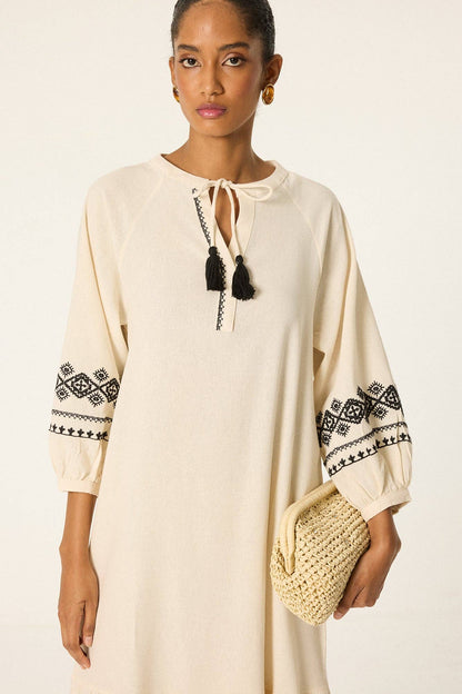 Bohemian Embroidered Tassel Maxi Dress – Relaxed Fit.