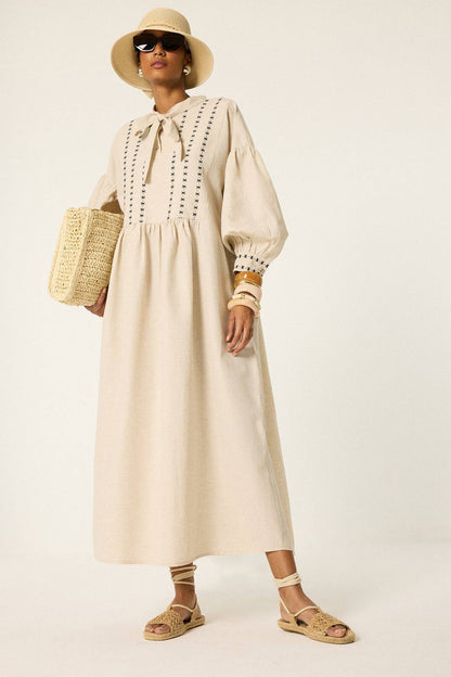 Embroidered Linen Blend Balloon Sleeve Maxi Dress:
