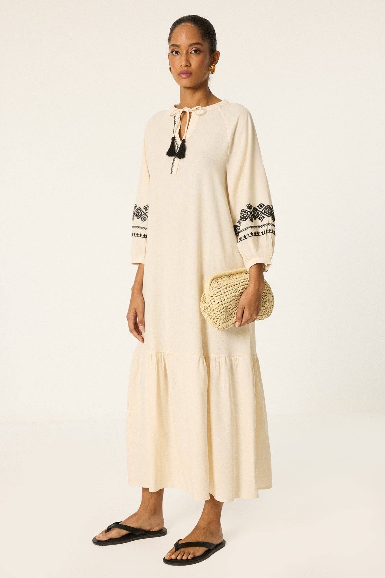 Bohemian Embroidered Tassel Maxi Dress – Relaxed Fit.
