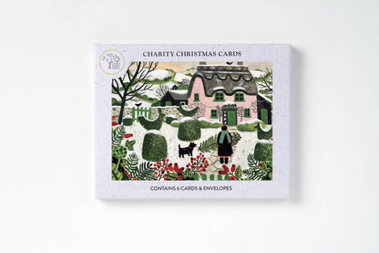 Christmas Card Pack - Pink Cottage And Snowy Topiary